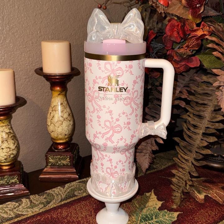 NEW Translucent Clear LSF Couquette Ribbon Bow Tumbler Boot, lid topper, handle charms, Fit the Love Shack Fancy Stanley, Rose Bow Design