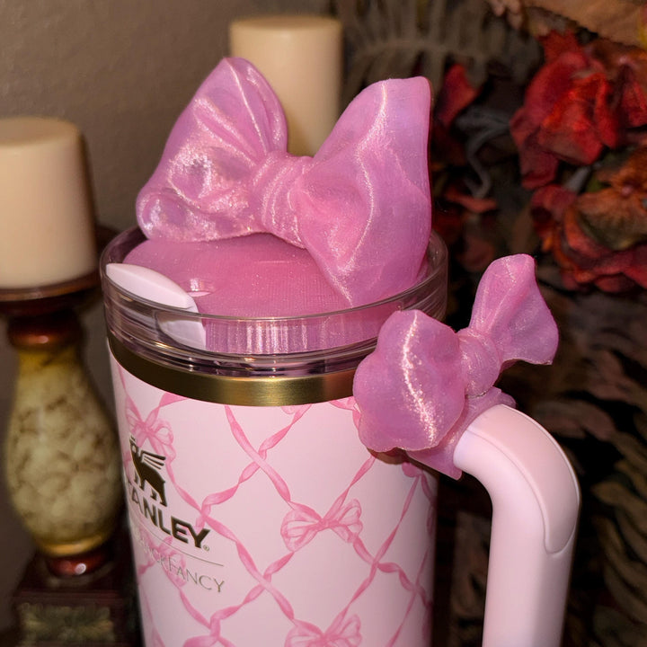 NEW Pink Shimmer LSF Coquette Ribbon Bow Tumbler Boot, lid topper, handle charms, Fit the Love Shack Fancy Stanley, Unique Accessories