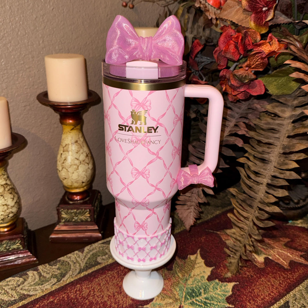 NEW Pink Shimmer LSF Couquette Ribbon Bow Tumbler Boot, lid topper, handle charms, Fit the Love Shack Fancy Stanley, Unique Accessories
