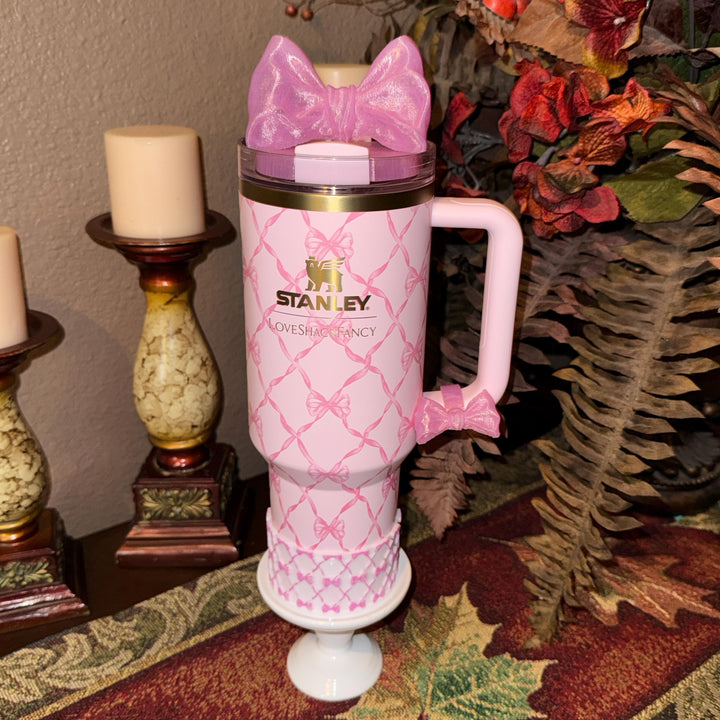 NEW Pink Shimmer LSF Couquette Ribbon Bow Tumbler Boot, lid topper, handle charms, Fit the Love Shack Fancy Stanley, Unique Accessories