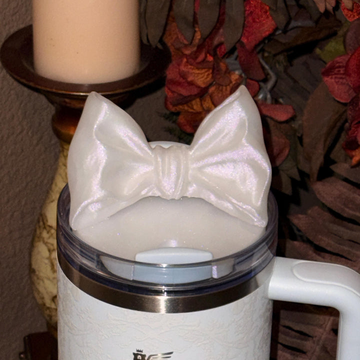 White Shimmer LSF Couquette Ribbon Bow lid topper, handle charms, white tumbler boot, Fit the Love Shack Fancy Stanley, Unique Accessories