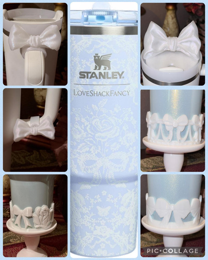 White Shimmer LSF Coquette Ribbon Bow lid topper, handle charms, white tumbler boot, Fit the Love Shack Fancy Stanley, Unique Accessories