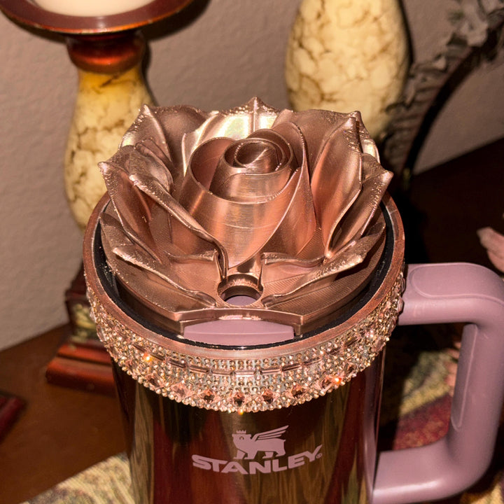 Polished Rose Gold Flat Fancy Rhinestone Tumbler Princess Collection, Stanley tumbler accessories, Crown Halo Boot Straw Topper Bow