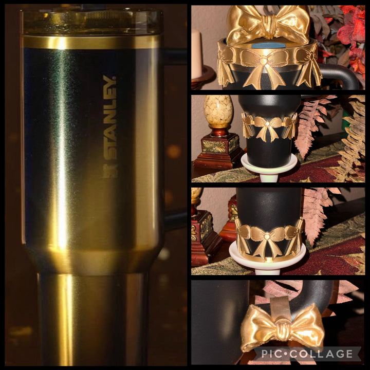 NEW Gold Coquette Bow Collection, Tumbler Boot, halo, middle bangle and handle charms, Shimmery Stylish Elegant, Fits Stanley Black Honey