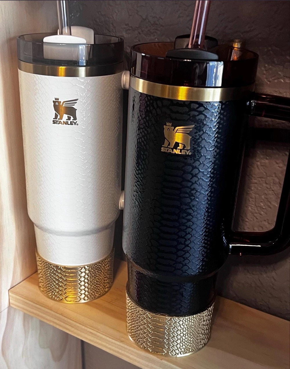 Snake and Snakeskin Gold Tumbler Accessories, boot, halo, lid topper, unique trending gifts for Stanley 20 30 40 oz Luxe Collection.