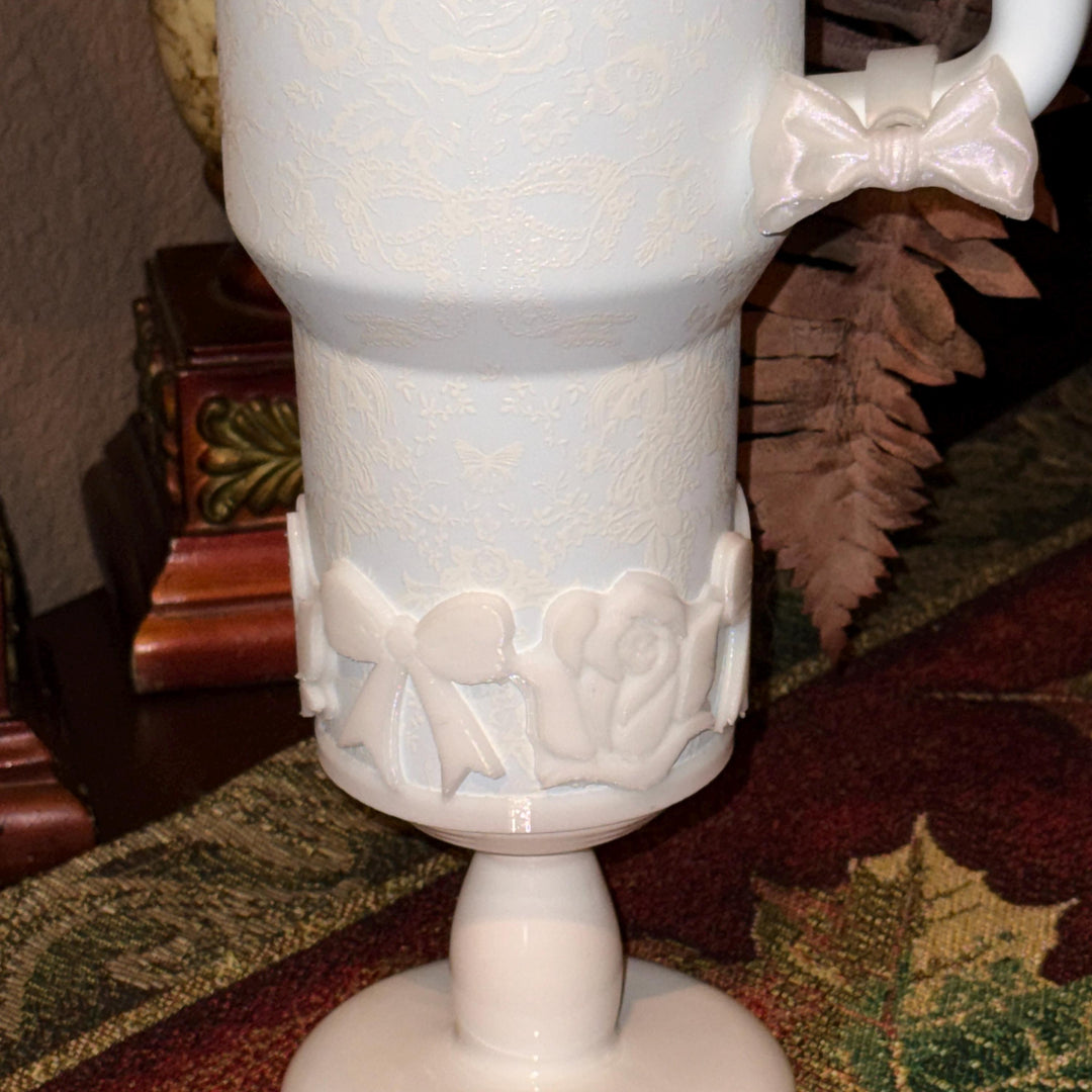 White Shimmer LSF Couquette Ribbon Bow lid topper, handle charms, white tumbler boot, Fit the Love Shack Fancy Stanley, Unique Accessories