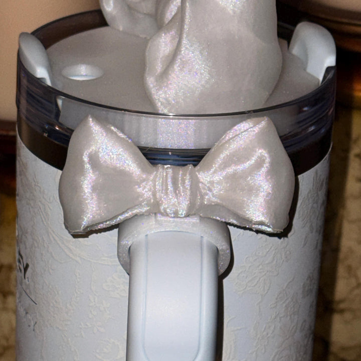 White Shimmer LSF Couquette Ribbon Bow lid topper, handle charms, white tumbler boot, Fit the Love Shack Fancy Stanley, Unique Accessories