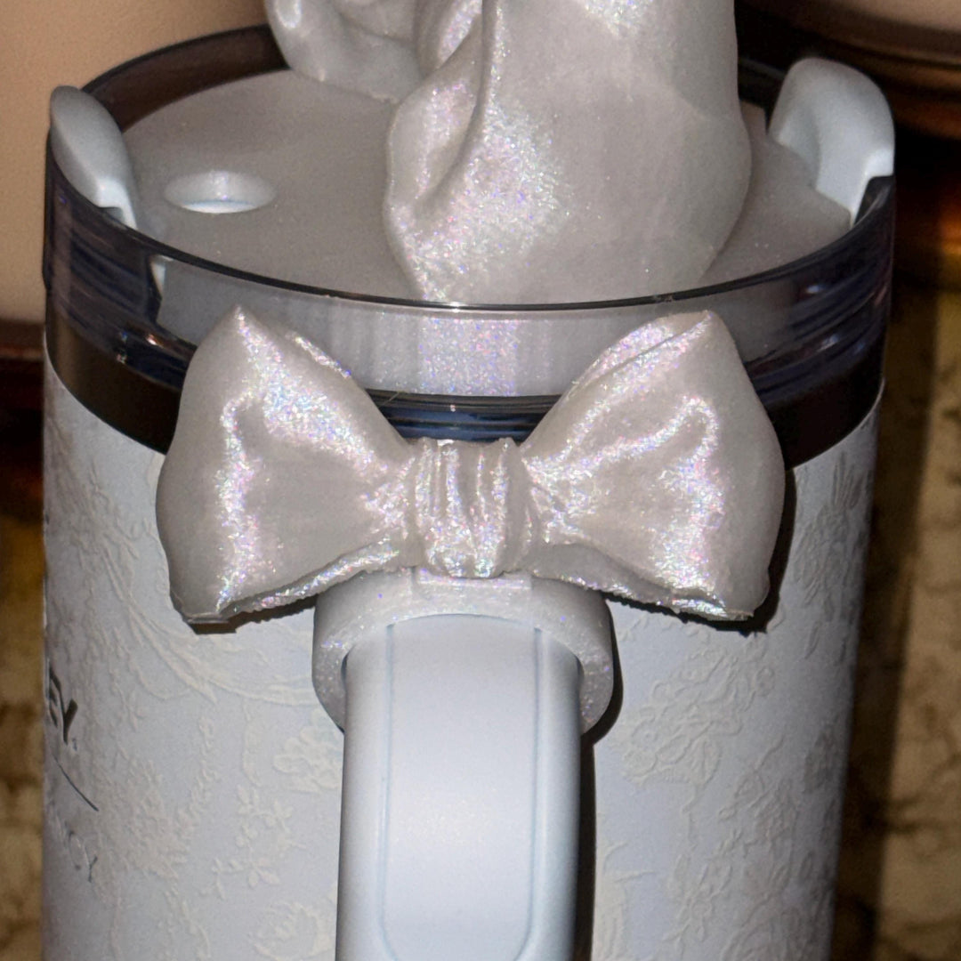 White Shimmer LSF Couquette Ribbon Bow lid topper, handle charms, white tumbler boot, Fit the Love Shack Fancy Stanley, Unique Accessories