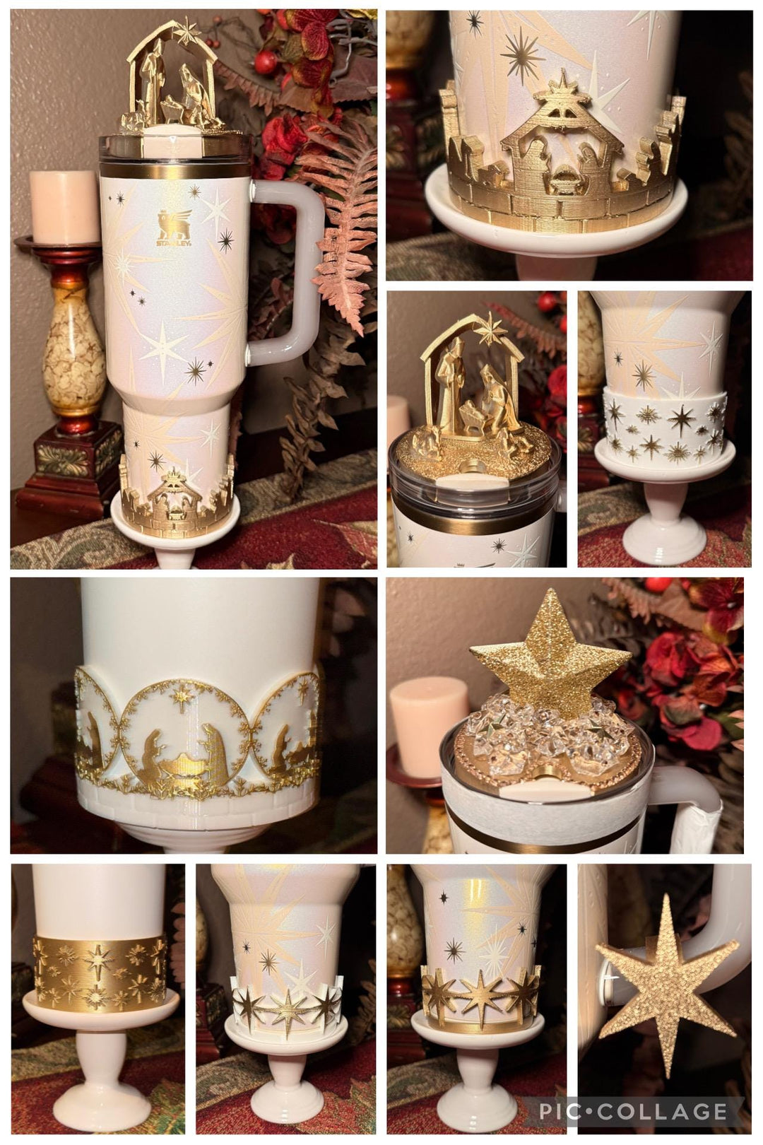 Gold White Nativity Scene Jesus Mary, Tumbler Boot or toppers, star handle charms, Stanley Tumbler Accessories, Starlight Shimmer