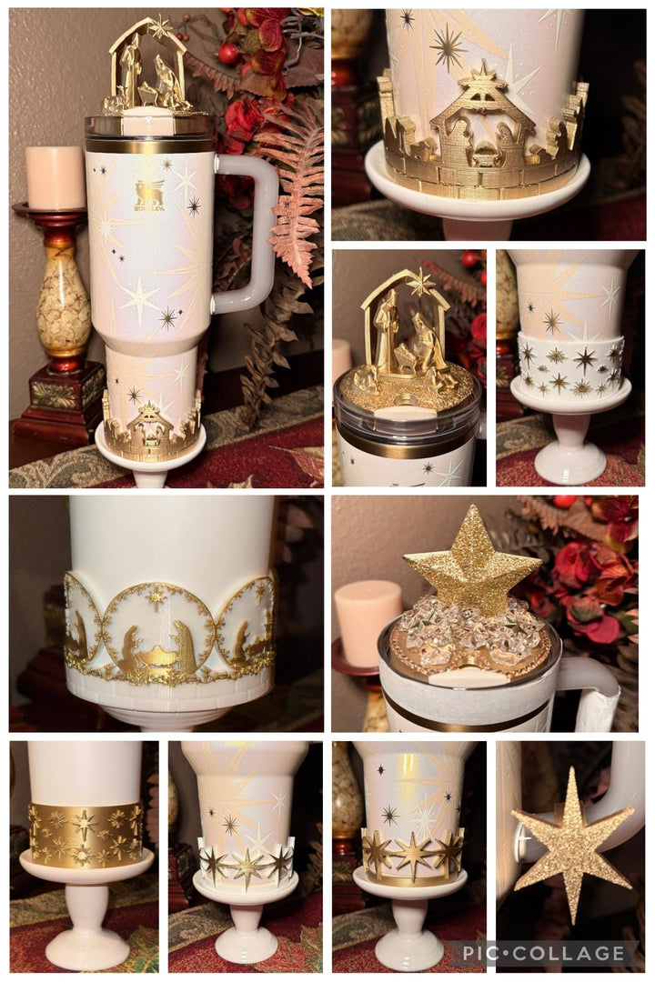Gold White Nativity Scene Jesus Mary, Tumbler Boot or toppers, star handle charms, Stanley Tumbler Accessories, Starlight Shimmer