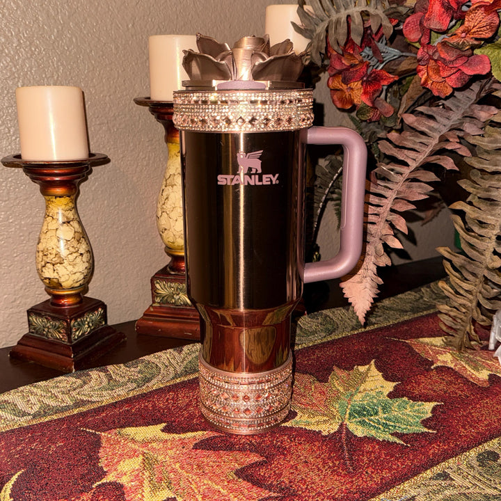 Polished Rose Gold Flat Fancy Rhinestone Tumbler Princess Collection, Stanley tumbler accessories, Crown Halo Boot Straw Topper Bow