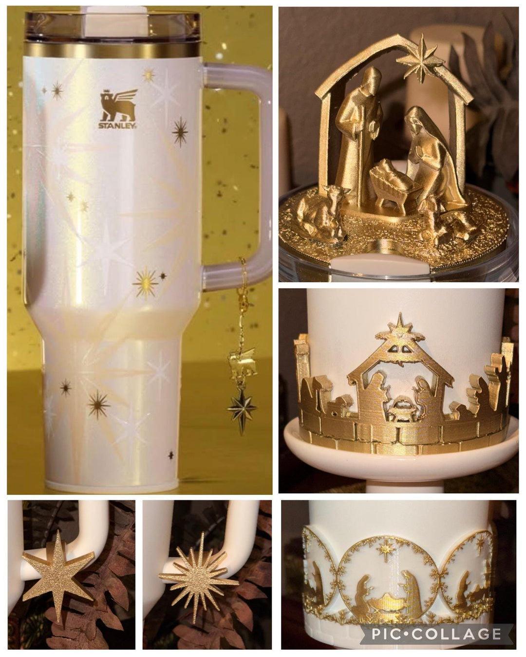 Gold White Nativity Scene Jesus Mary, Tumbler Boot or toppers, star handle charms, Stanley Tumbler Accessories, Starlight Shimmer