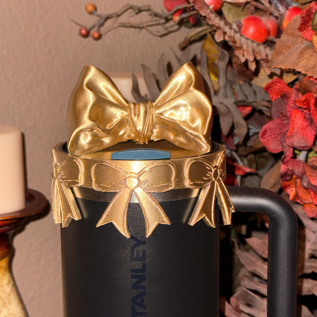 NEW Gold Coquette Bow Collection, Tumbler Boot, halo, middle bangle and handle charms, Shimmery Stylish Elegant, Fits Stanley Black Honey