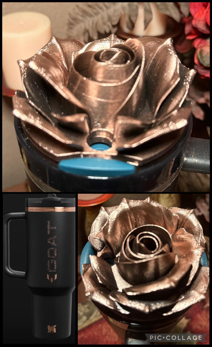 Black and Rose Gold 3D Rose Tumbler Topper that fit the new Stanley tumblers, 3D Decorative Lid