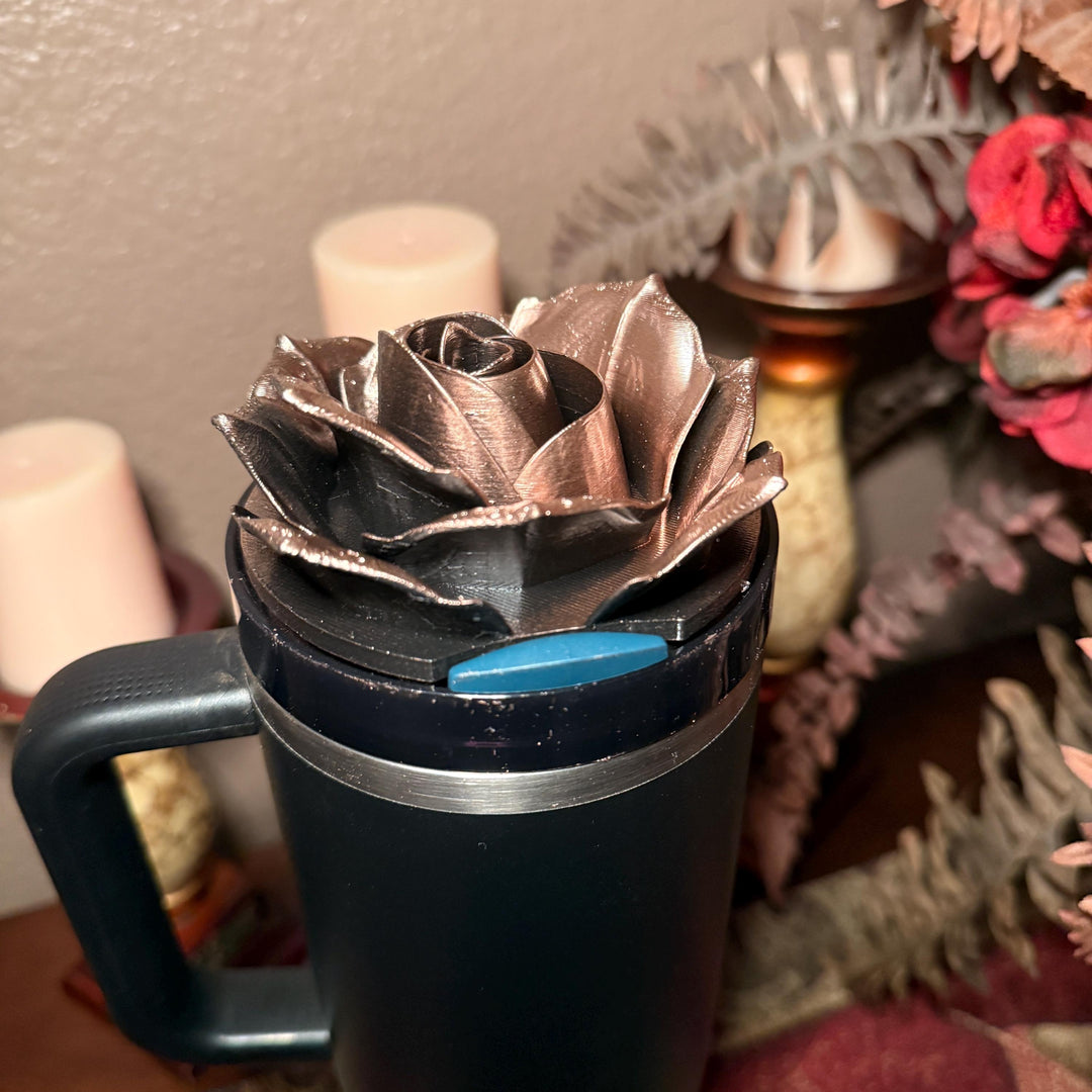 Black and Rose Gold 3D Rose Tumbler Topper that fit the new Stanley tumblers, 3D Decorative Lid