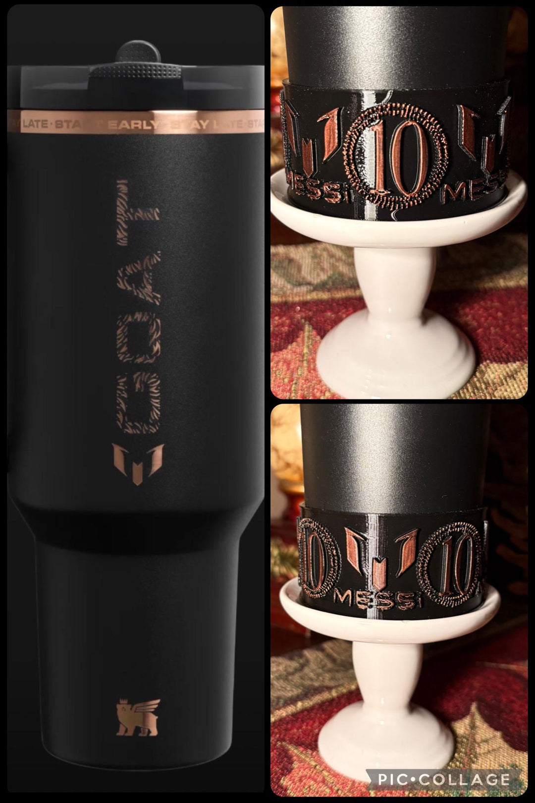 Black Rose Gold Emblem Tumbler Boot, Fits Stanley, Soccer Star, Jersey 10, Argentina Soccer Accessories