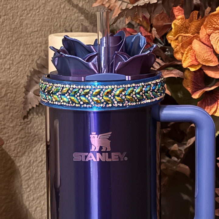 Black Blue Flower Flat Fancy Rhinestone Stanley tumbler accessories, Rose Halo Boot Straw Topper, Blue or Purple background, Customize