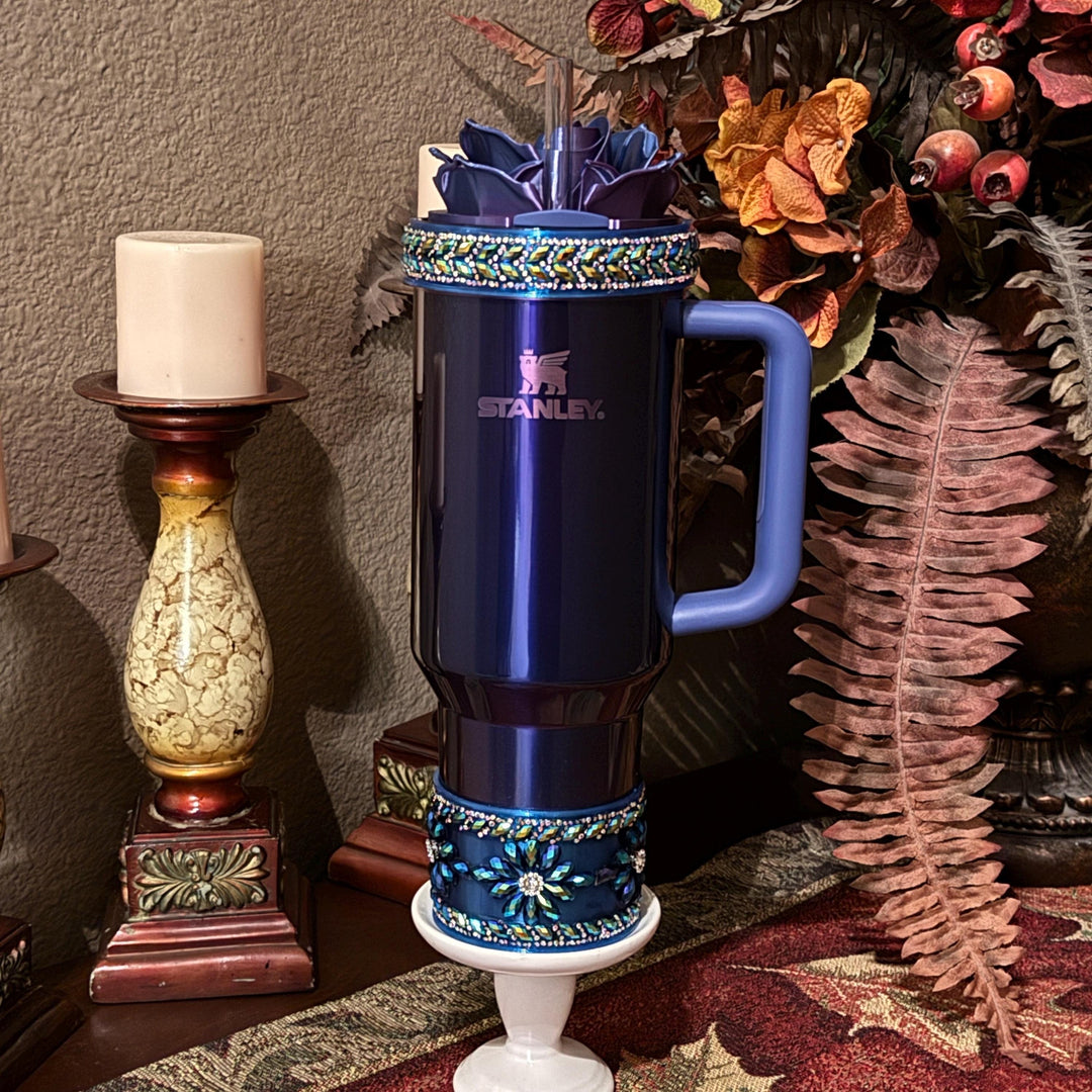 Black Blue Flower Flat Fancy Rhinestone Stanley tumbler accessories, Rose Halo Boot Straw Topper, Blue or Purple background, Customize