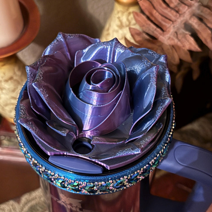 Black Blue Flower Flat Fancy Rhinestone Stanley tumbler accessories, Rose Halo Boot Straw Topper, Blue or Purple background, Customize