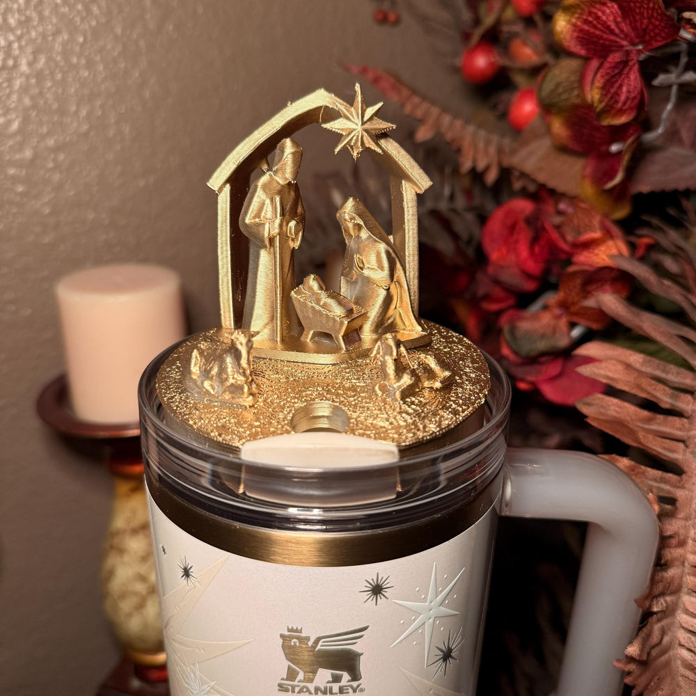 Gold White Nativity Scene Jesus Mary, Tumbler Boot or toppers, star handle charms, Stanley Tumbler Accessories, Starlight Shimmer