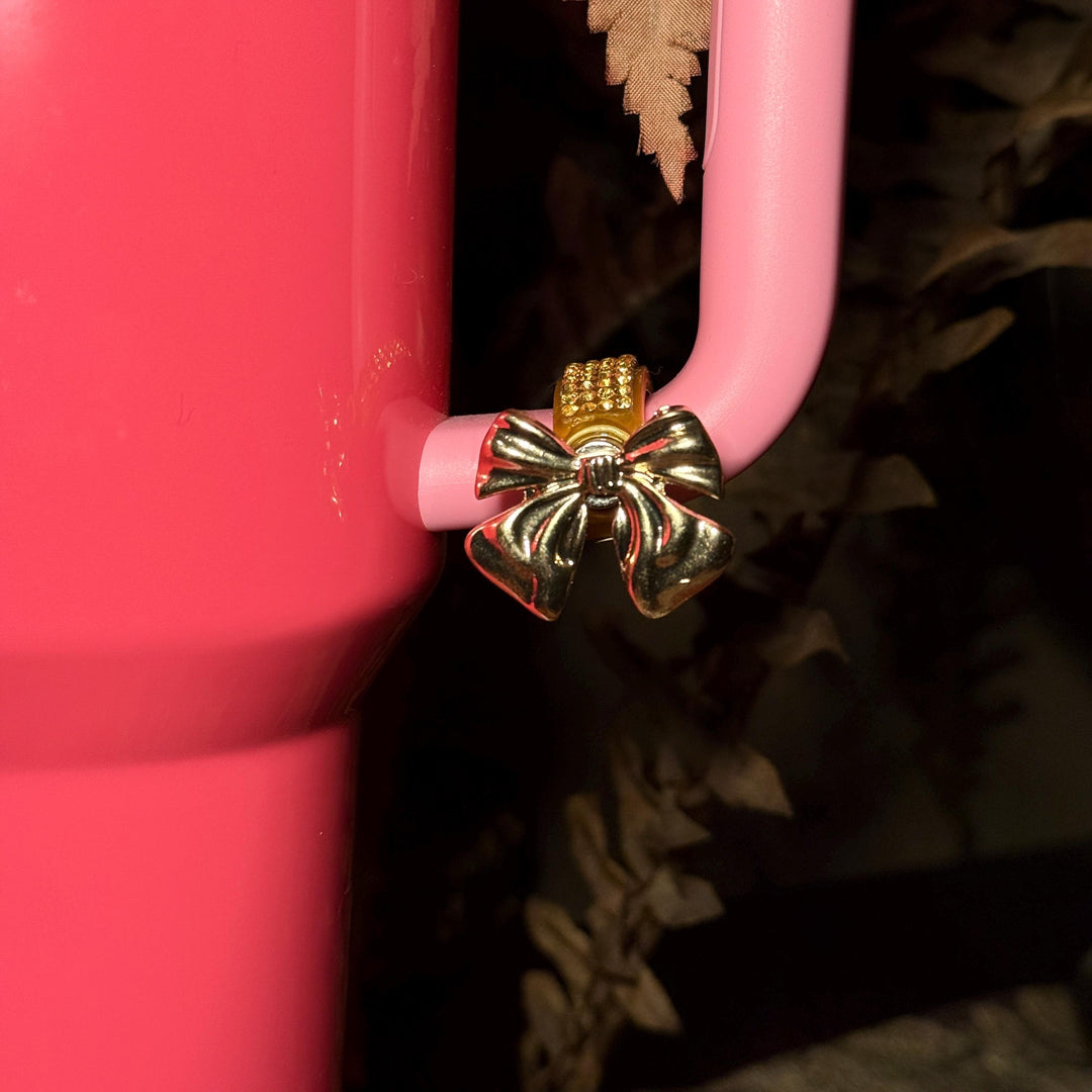 Beautiful Gold Coquette Bow and Bling Rhinestone Cup Handle Clip – Magnetic Tumbler Charm Accessory
