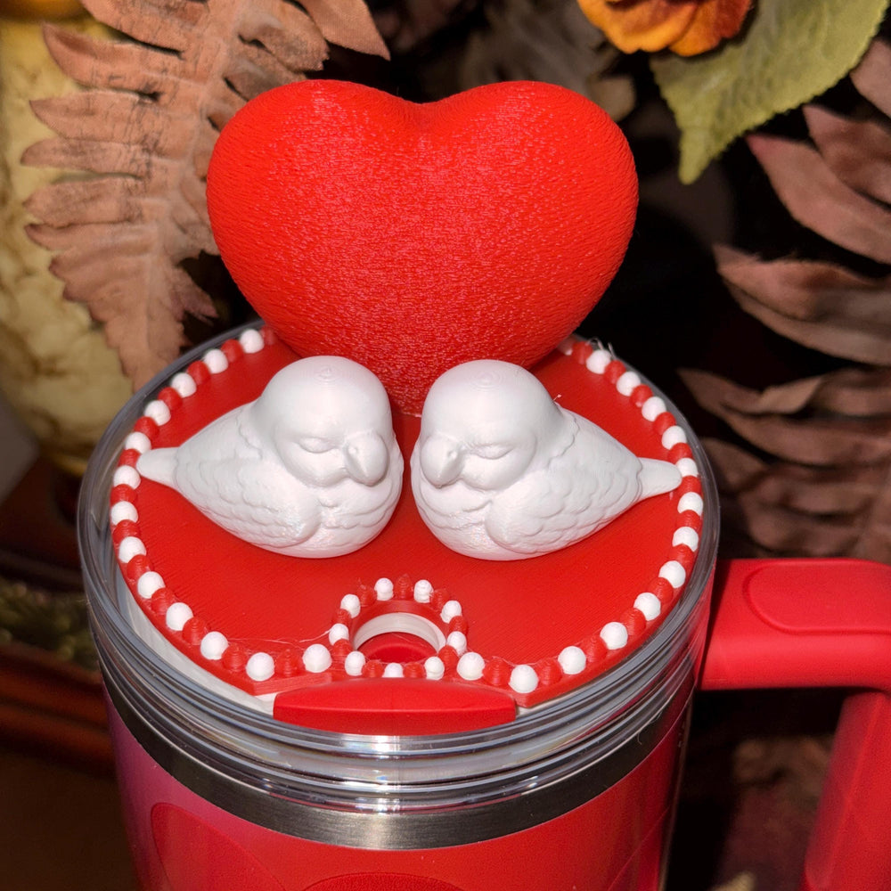 Valentine Love Birds Heart Tumbler Topper, Red White, for 20 30 40 oz Stanley Quencher, 3D Decorative Lid minimalist unique gift