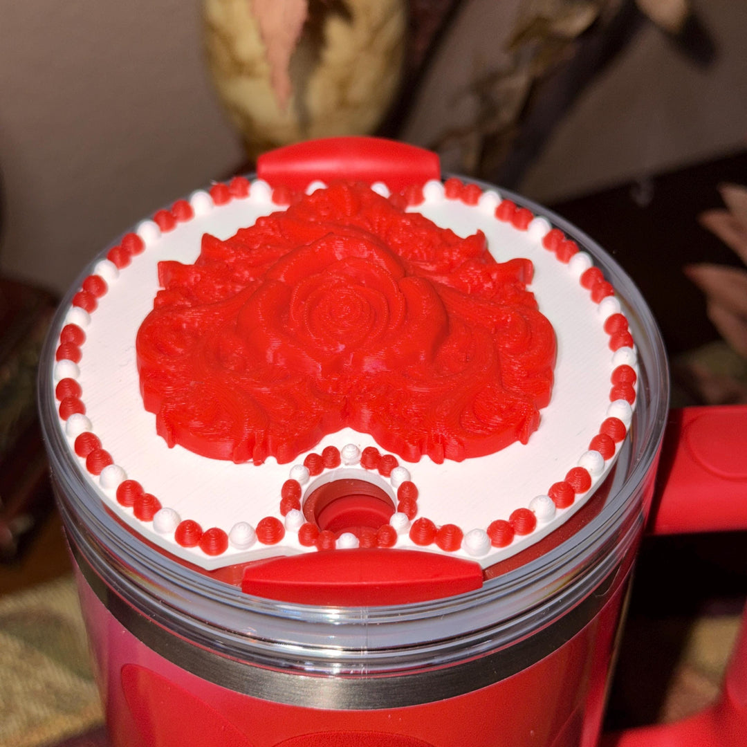 Valentine Rose Heart Tumbler Topper, Red White Pink, for 20 30 40 oz Stanley Quencher, 3D Decorative Lid minimalist unique gift