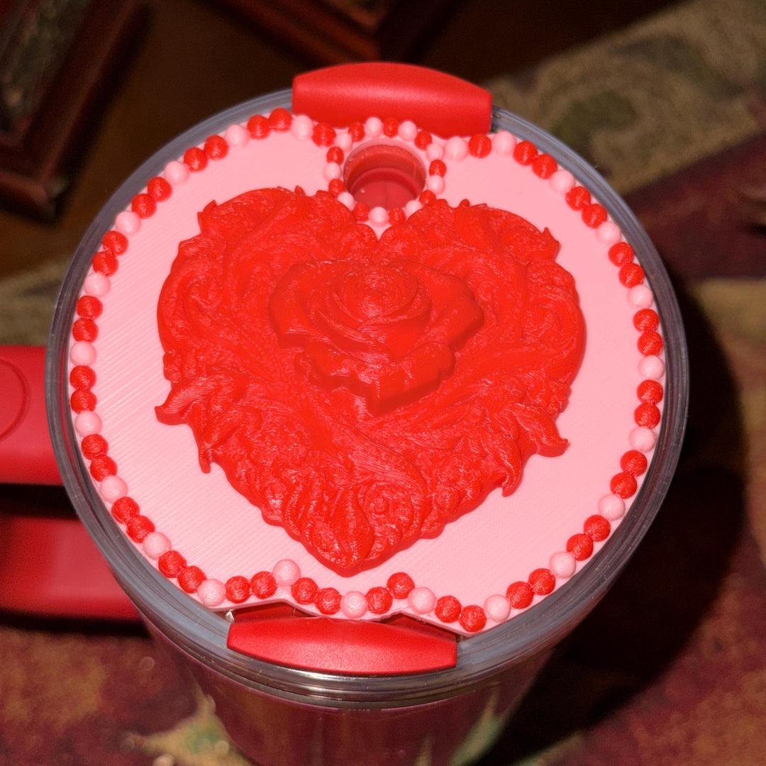 Valentine Rose Heart Tumbler Topper, Red White Pink, for 20 30 40 oz Stanley Quencher, 3D Decorative Lid minimalist unique gift