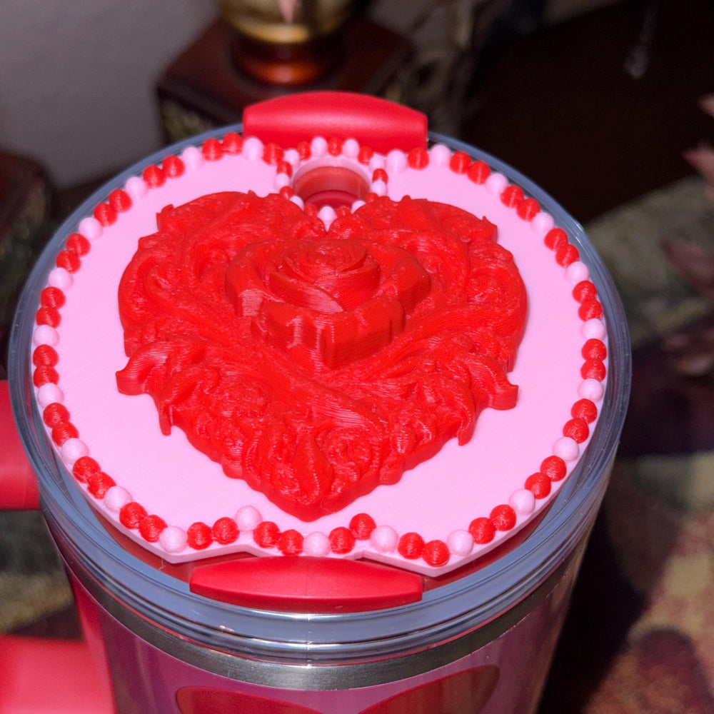 Valentine Rose Heart Tumbler Topper, Red White Pink, for 20 30 40 oz Stanley Quencher, 3D Decorative Lid minimalist unique gift
