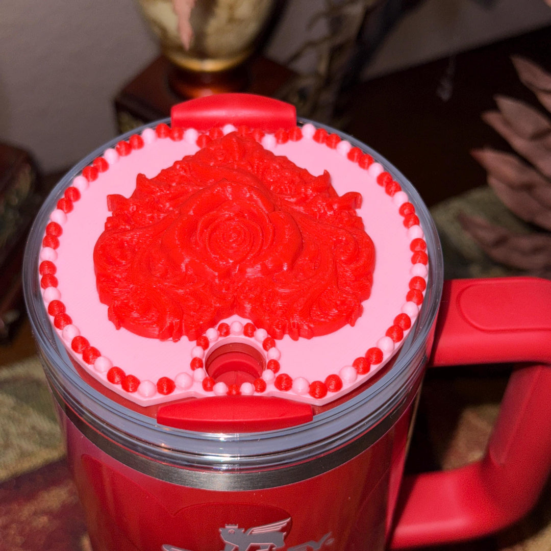 Valentine Rose Heart Tumbler Topper, Red White Pink, for 20 30 40 oz Stanley Quencher, 3D Decorative Lid minimalist unique gift