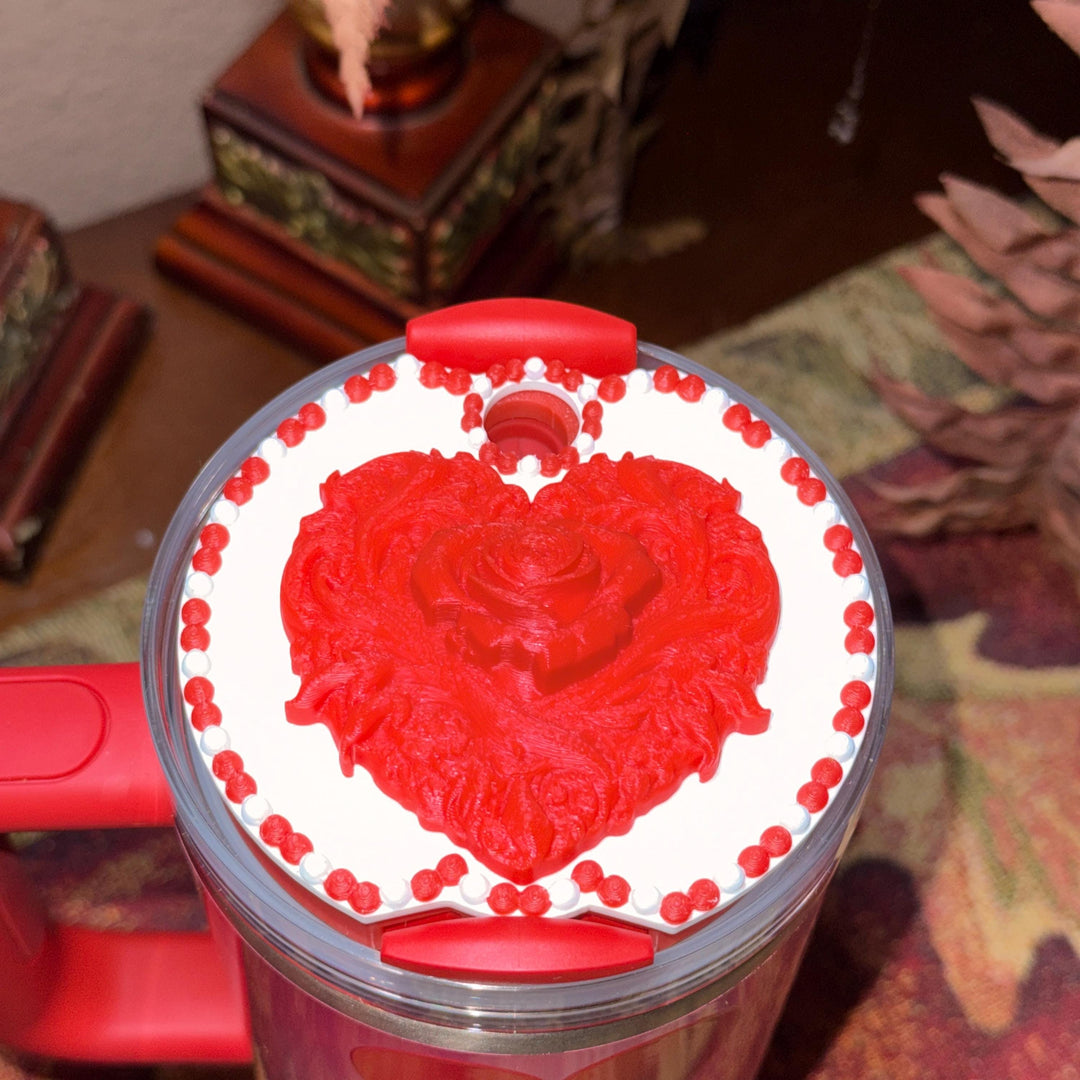 Valentine Rose Heart Tumbler Topper, Red White Pink, for 20 30 40 oz Stanley Quencher, 3D Decorative Lid minimalist unique gift