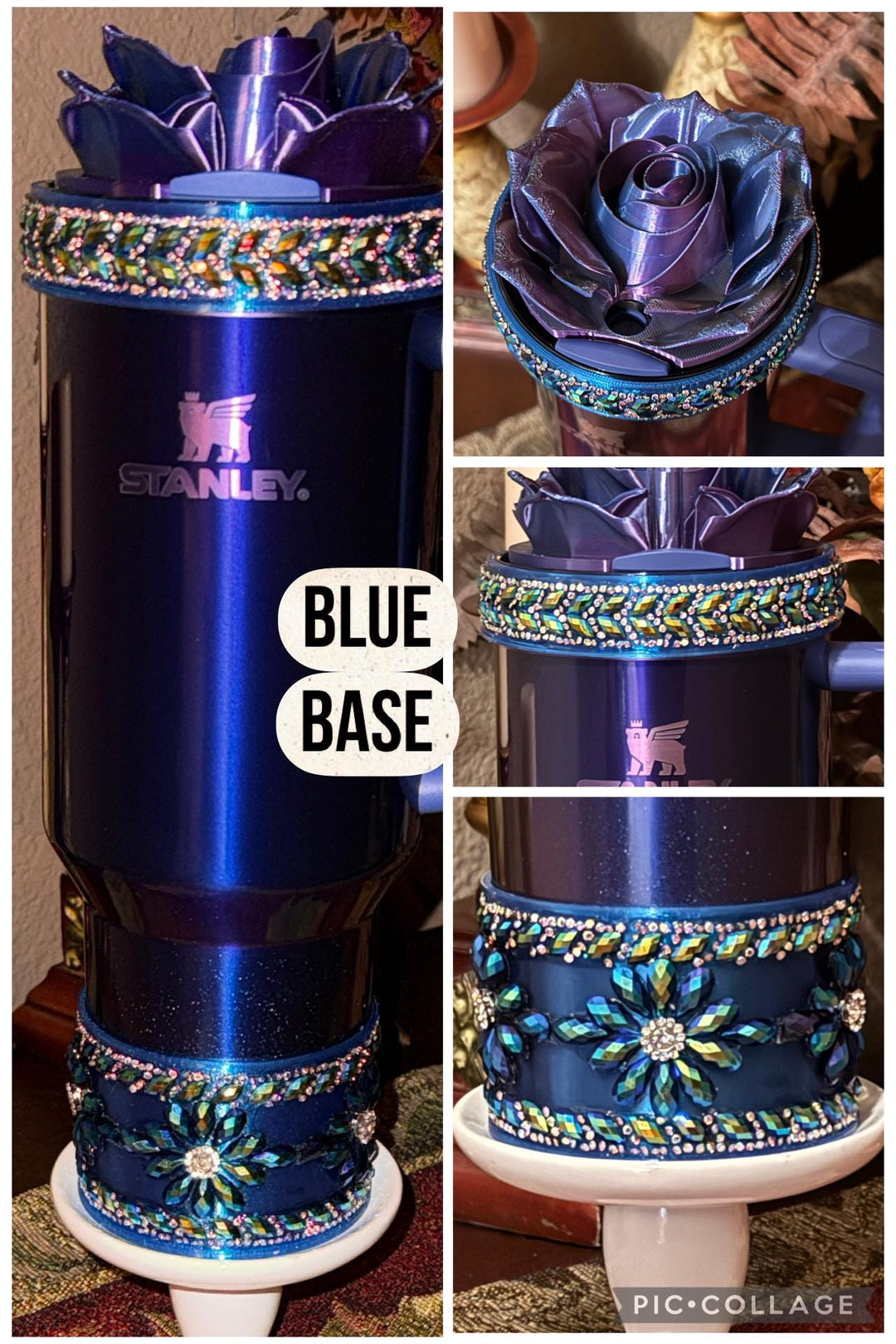 Black Blue Flower Flat Fancy Rhinestone Stanley tumbler accessories, Rose Halo Boot Straw Topper, Blue or Purple background, Customize