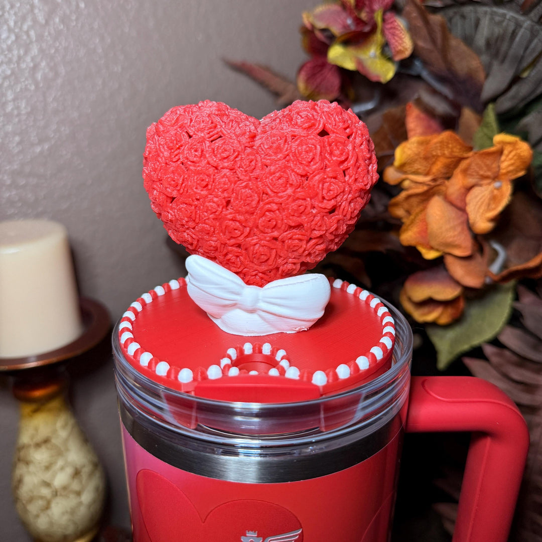 Valentine Rose Heart Tumbler Topper, Red White Pink, for 20 30 40 oz Stanley Quencher, 3D Decorative Lid minimalist unique gift