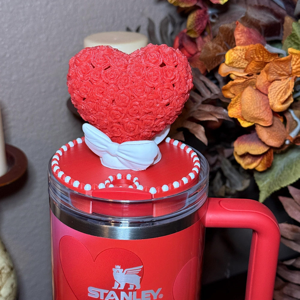 Valentine Rose Heart Tumbler Topper, Red White Pink, for 20 30 40 oz Stanley Quencher, 3D Decorative Lid minimalist unique gift