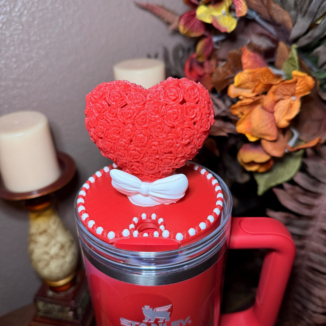 Valentine Rose Heart Tumbler Topper, Red White Pink, for 20 30 40 oz Stanley Quencher, 3D Decorative Lid minimalist unique gift
