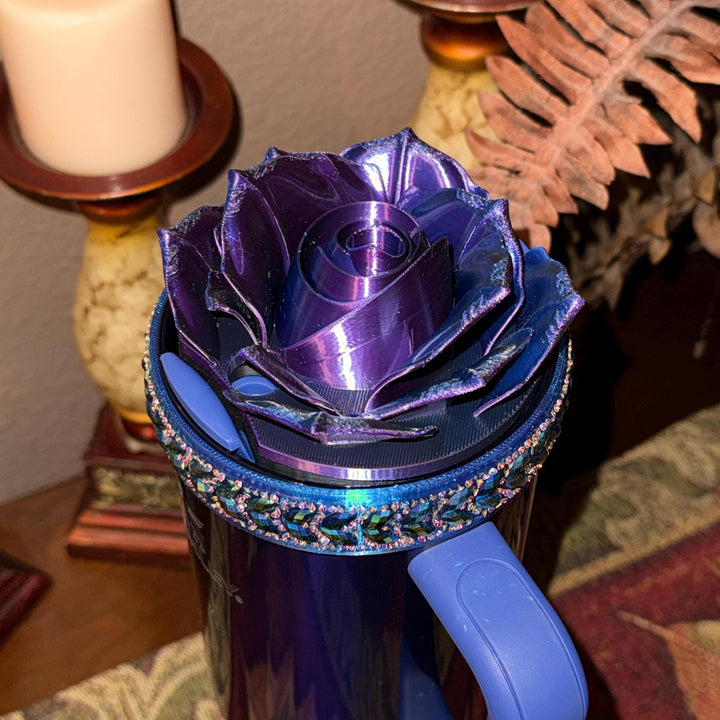 Black Blue Flower Flat Fancy Rhinestone Stanley tumbler accessories, Rose Halo Boot Straw Topper, Blue or Purple background, Customize