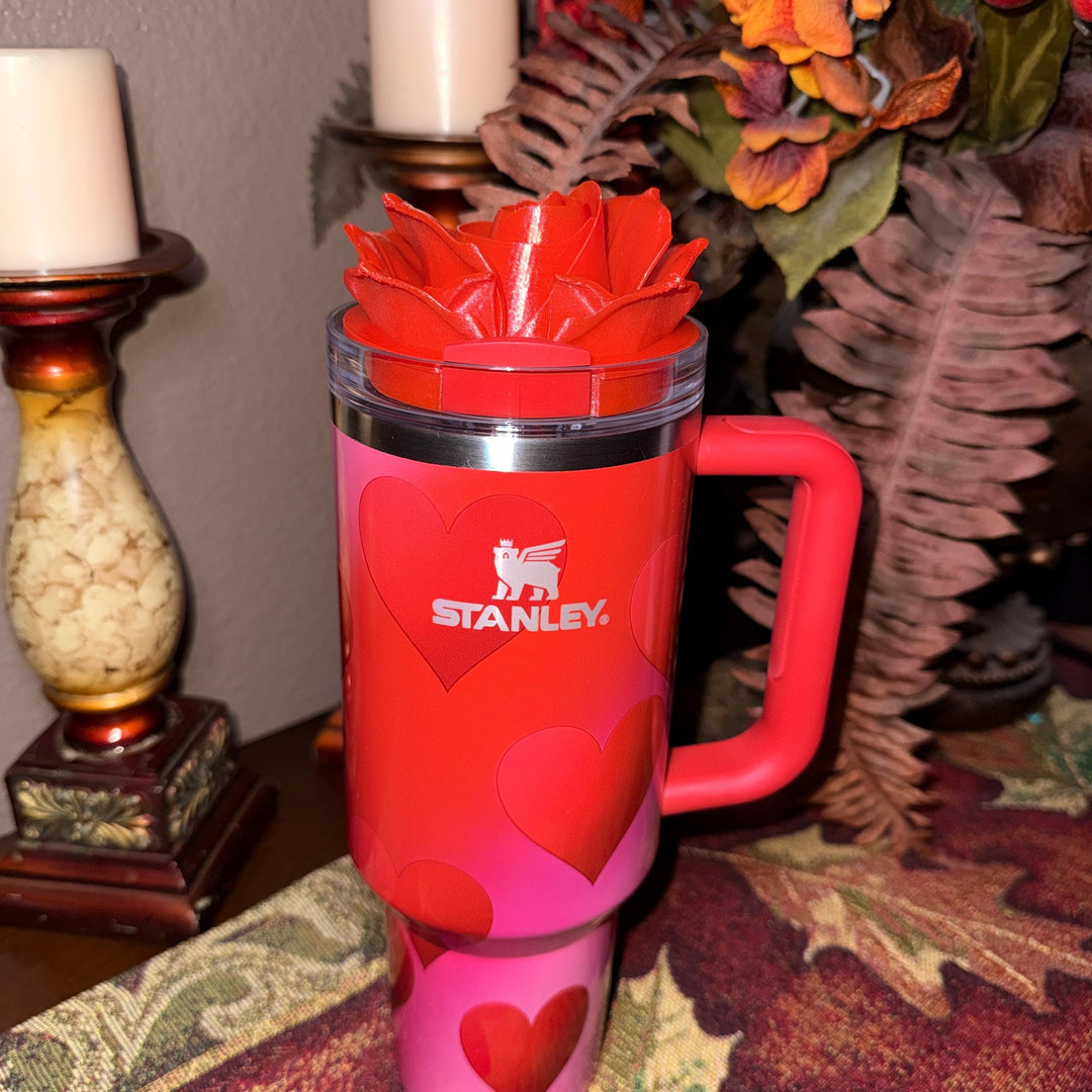 Valentine Rose Heart Tumbler Topper, Red White Pink, for 20 30 40 oz Stanley Quencher, 3D Decorative Lid minimalist unique gift