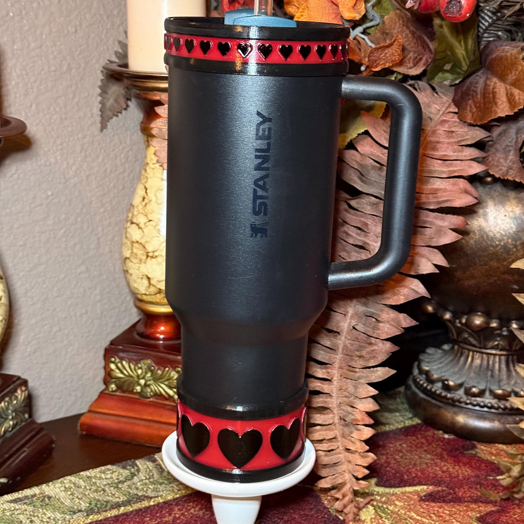 Black and Red Valentine Heart Tumbler Boot and Topper, Fit’s 20 30 and 40 oz Stanley Tumblers and others, Quencher and Pro Tour, HOT SELLER