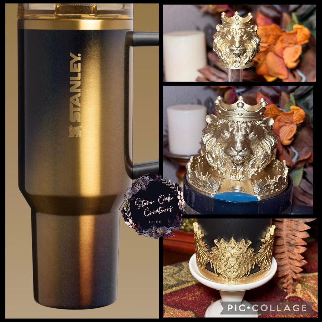 Gold Lion Face Tumbler Lid Topper, Boot or straw topper, fits your 20/30 oz 40 oz Black Honey Stanley Tumblers, Lion of Judah, Unique Gift