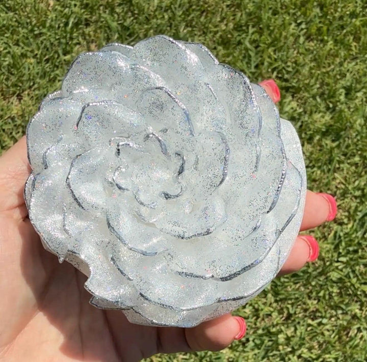 Stunning Translucent Peony with Holograohic Glitter and Silver Tips Tumbler Topper, fits Stanley quencher lids