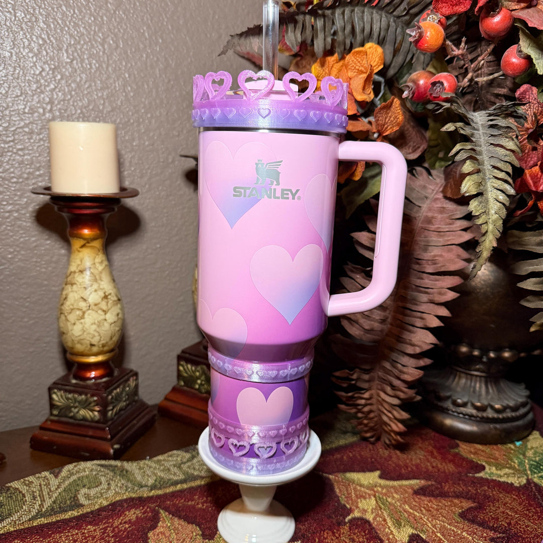 Pink and Purple Ombre Valentine Heart Stack Tumbler Boot, Protective Sleeve, Boot, Halo, and Bangle, fits 20 30 or 40 oz Stanley