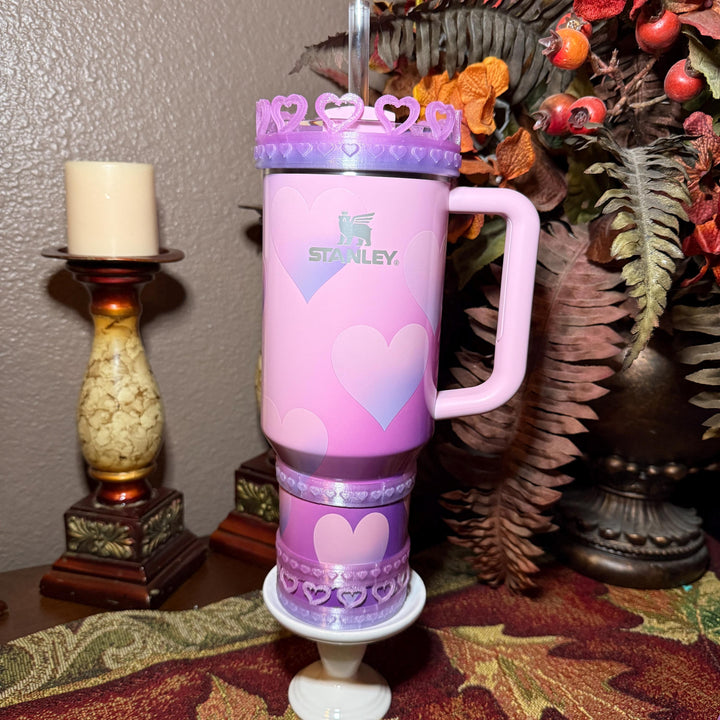 Pink and Purple Ombre Valentine Heart Stack Tumbler Boot, Protective Sleeve, Boot, Halo, and Bangle, fits 20 30 or 40 oz Stanley