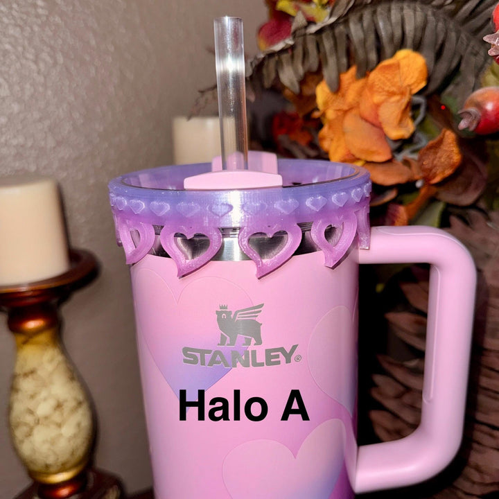 Pink and Purple Ombre Valentine Heart Stack Tumbler Boot, Protective Sleeve, Boot, Halo, and Bangle, fits 20 30 or 40 oz Stanley