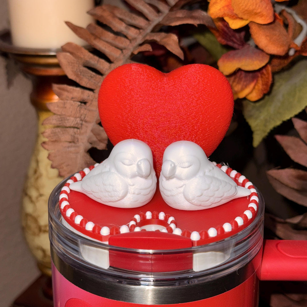 Valentine Love Birds Heart Tumbler Topper, Red White, for 20 30 40 oz Stanley Quencher, 3D Decorative Lid minimalist unique gift