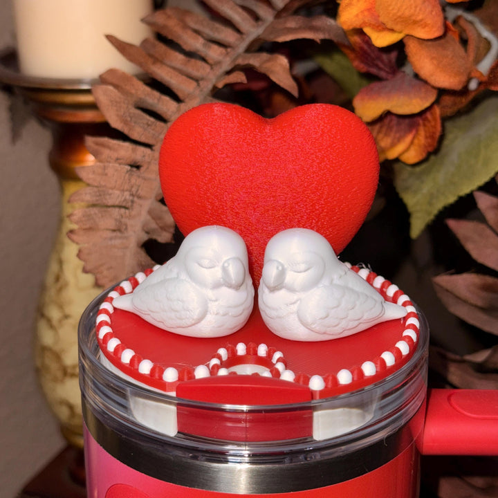 Valentine Love Birds Heart Tumbler Topper, Red White, for 20 30 40 oz Stanley Quencher, 3D Decorative Lid minimalist unique gift