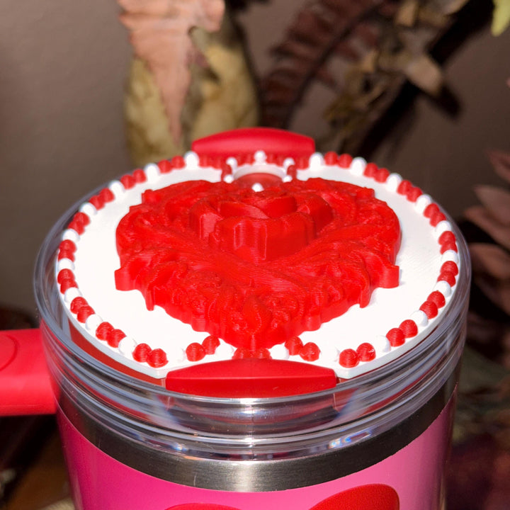 Valentine Rose Heart Tumbler Topper, Red White Pink, for 20 30 40 oz Stanley Quencher, 3D Decorative Lid minimalist unique gift