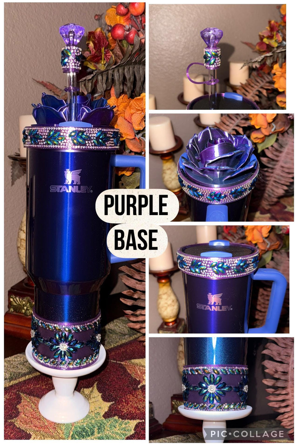 Black Blue Flower Flat Fancy Rhinestone Stanley tumbler accessories, Rose Halo Boot Straw Topper, Blue or Purple background, Customize