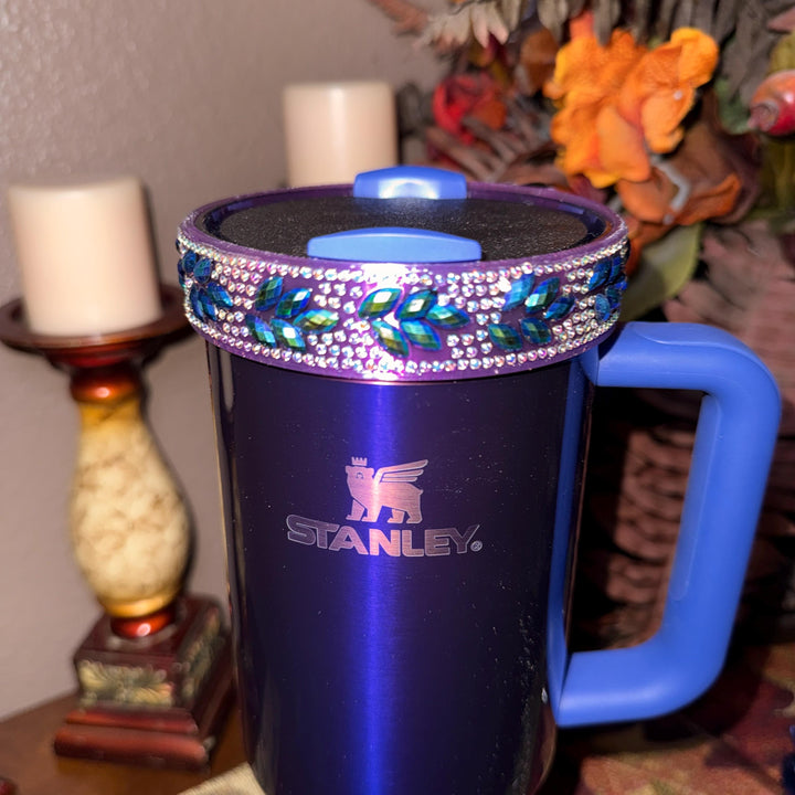 Black Blue Flower Flat Fancy Rhinestone Stanley tumbler accessories, Rose Halo Boot Straw Topper, Blue or Purple background, Customize
