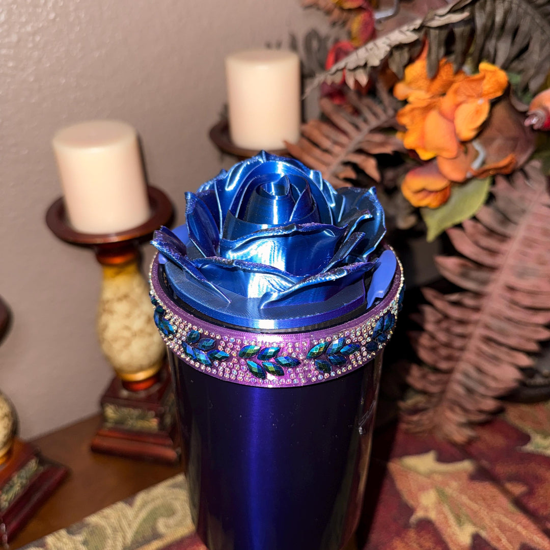 Black Blue Flower Flat Fancy Rhinestone Stanley tumbler accessories, Rose Halo Boot Straw Topper, Blue or Purple background, Customize