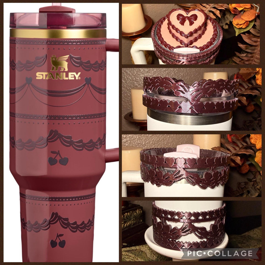 Red Velvet Valentine Cake Heart Tumbler Boot, Halo, Lid Toppers, Straw Topper Slider Buddy, Protective Sleeve, fits 20 30 or 40 oz Stanley